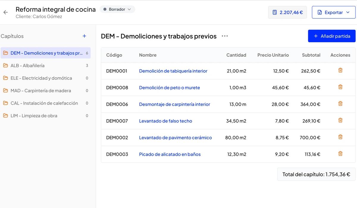 arcley mostrando presupuesto estructurado con capítulos y exportación BC3