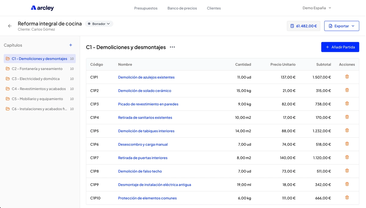 Constructor de presupuestos de arcley - Interface intuitiva para crear presupuestos profesionales
